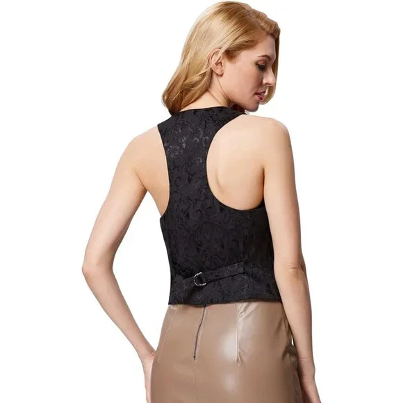 Womens Waistcoat Vest Vintage Steampunk Dress Racerback Jacquard Jacket - Picture 2 of 7